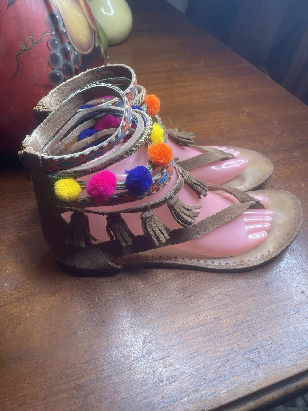 Naughty Monkey Seed Beaded Brown Suede T-Strap Gladiator Sandals Tribal Size 9M